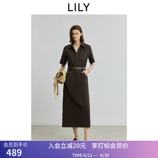 LILY秋新款复古工装气质休闲通勤收腰短袖连衣裙直筒裙女长裙