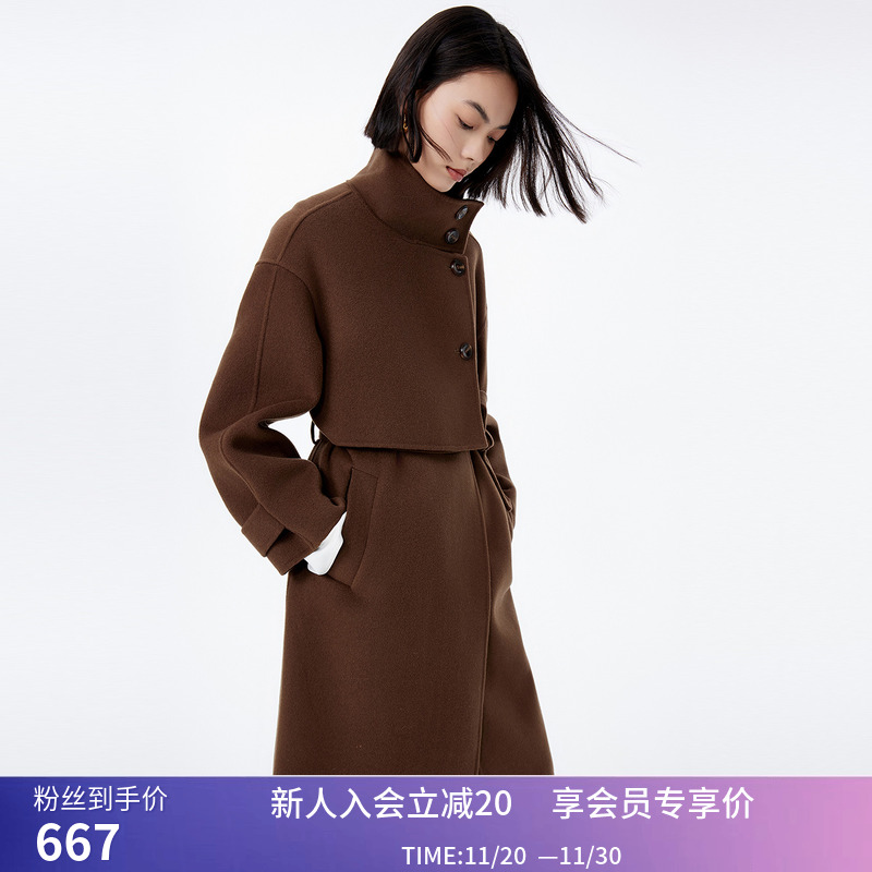 LILY冬新款女装全绵羊毛保暖立领显瘦腰带长款毛呢外套大衣女