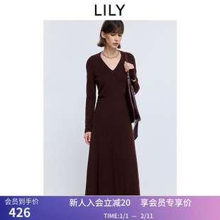 LILY2025冬新款羊毛牦牛绒混纺复古花纱V领收腰深色长袖连衣裙女