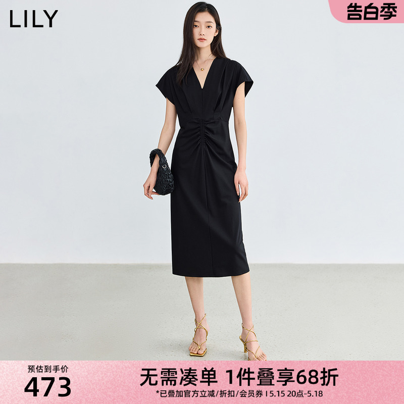 LILY2024夏季新品优雅气质V领小黑裙立体收腰显瘦黑色针织连衣裙