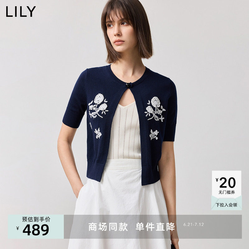 【商场同款】LILY2025春新款重工立体绣花休闲披肩短袖针织开衫女