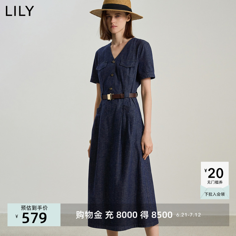 不易褪色牛仔LILY2025夏新款女装复古V领短袖收腰通勤连衣裙长裙