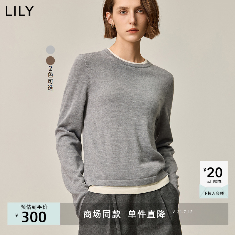 【商场同款】LILY2024秋新款女装绵羊毛混纺宽松假两件套头针织衫