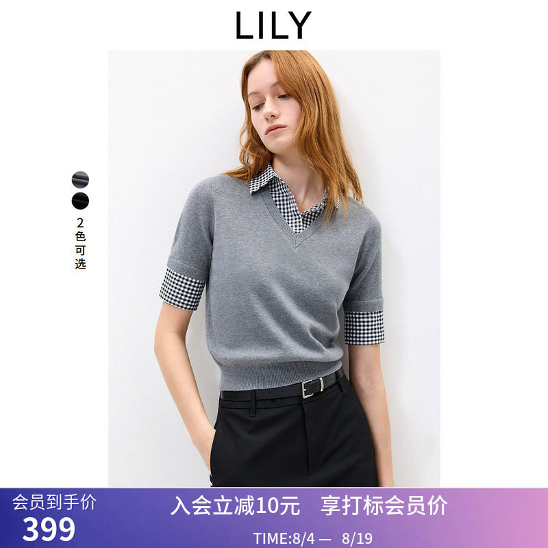 LILY2026秋新款女装含羊毛复古假两件翻领休闲通勤套头短袖针织衫