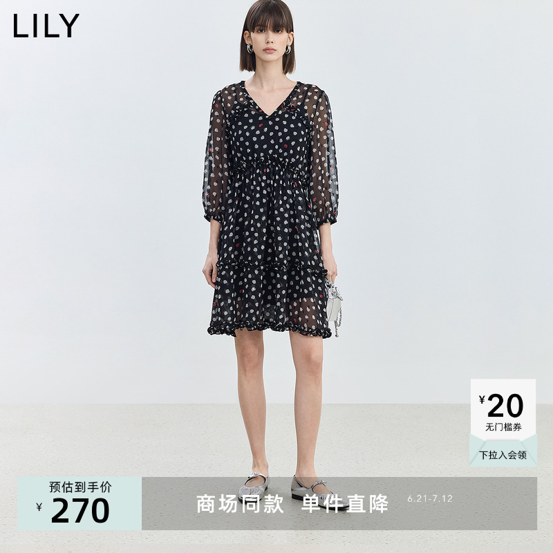 【商场同款】LILY2024夏款A字型轻薄飘逸浪漫印花垂坠法式连衣裙