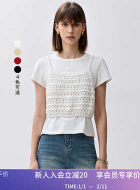 LILY秋新款女装法式度假风重工手工镂空针织百搭叠穿吊带背心