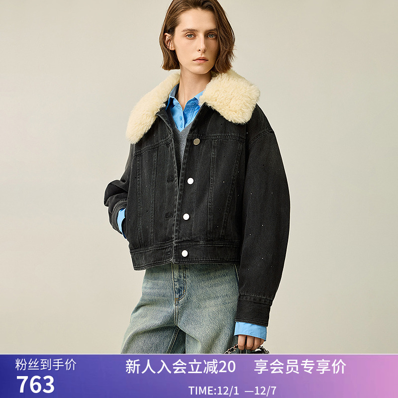 【商场同款】LILY冬新款女装丹宁烫钻可拆卸毛领加厚牛仔外套