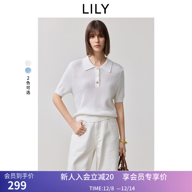 【商场同款】LILY2025夏新款女装莱赛尔混纺POLO领短袖针织衫短款