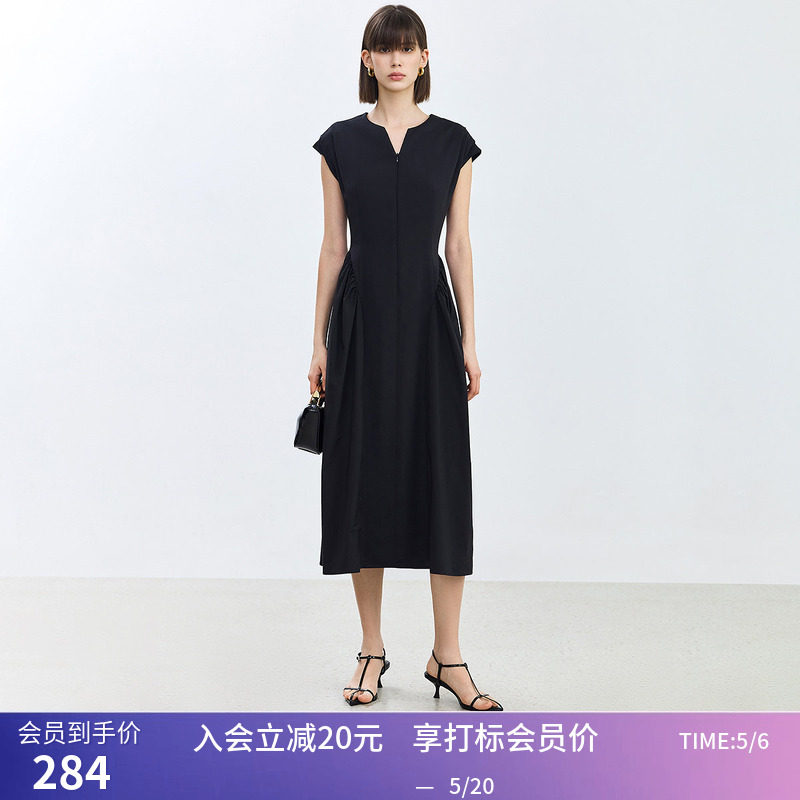 LILY夏新款女装设计感拼接时尚宽肩气质高腰修身连衣裙小黑裙