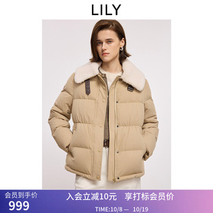 LILY冬新款简约毛绒翻领90鸭绒百搭通勤浅色面包羽绒服外套女