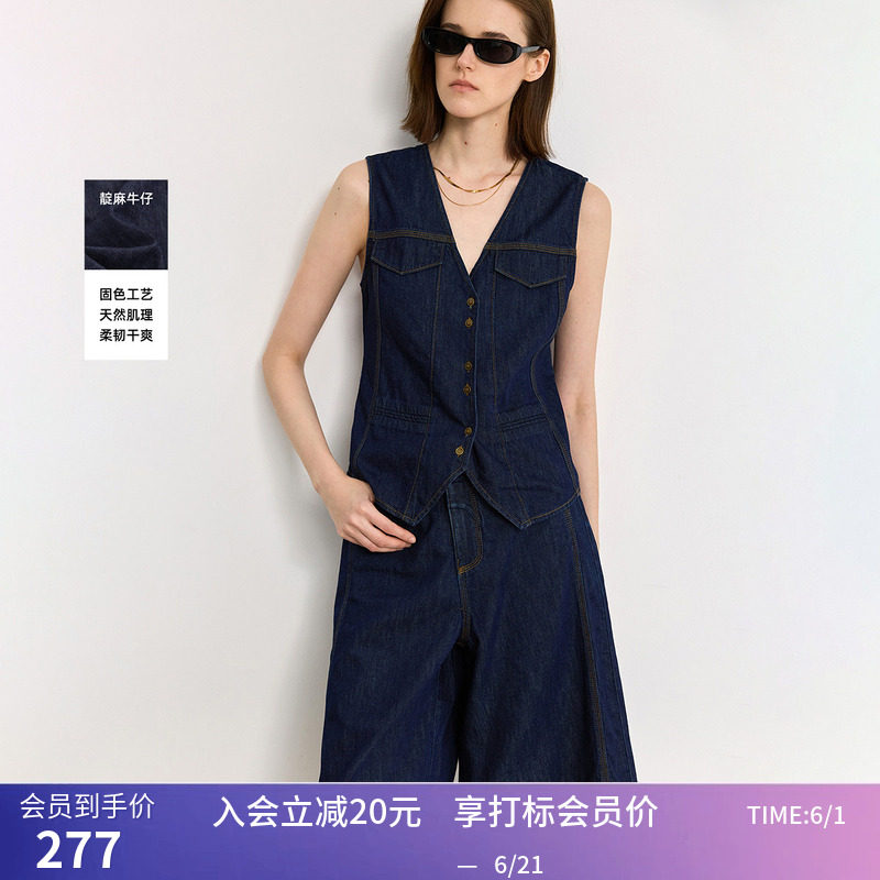 LILY夏新款复古工装棉麻休闲百搭无袖V领牛仔马甲背心女坎肩