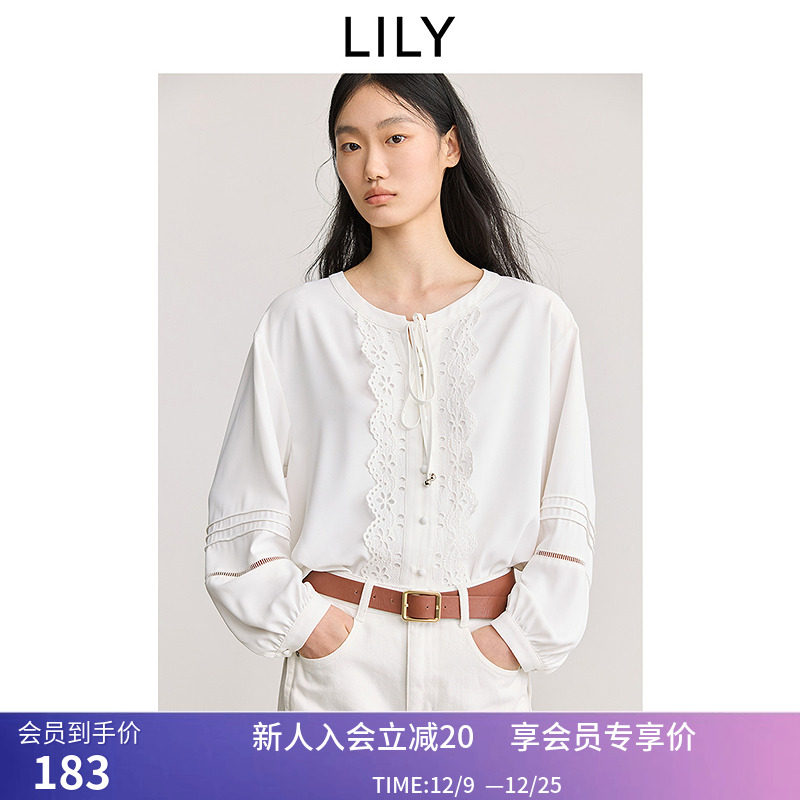 LILY2025春新款法式圆领系带蕾丝拼接门襟垂感百搭通勤白衬衫女