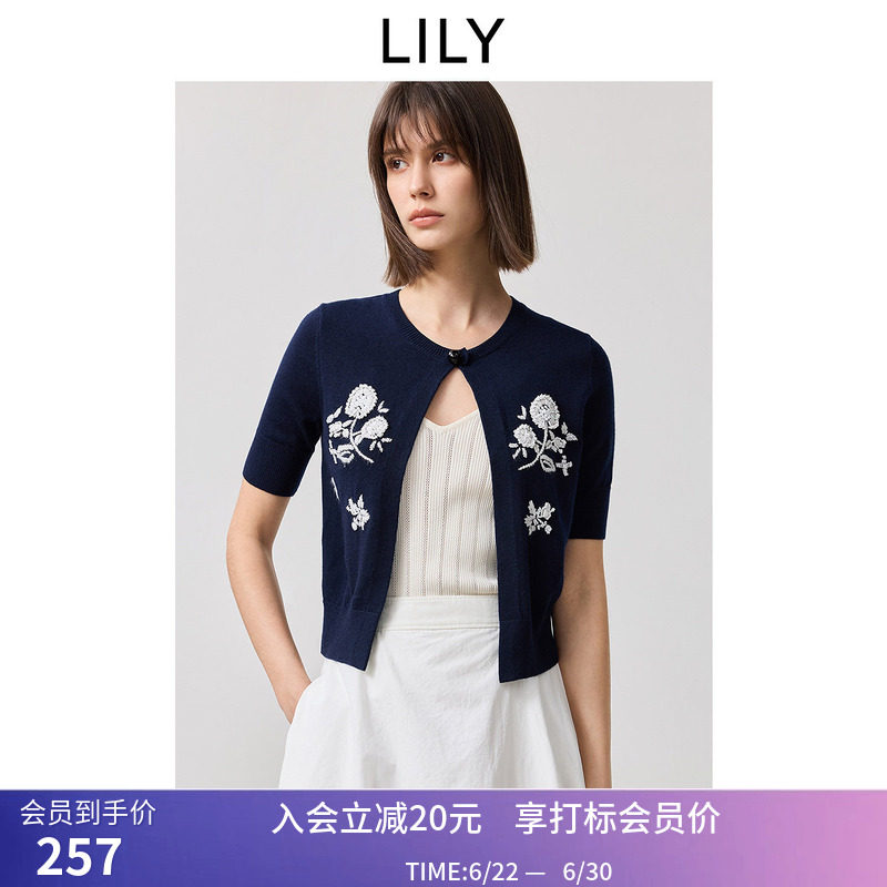 【商场同款】LILY夏新款重工立体绣花休闲披肩短袖针织开衫女