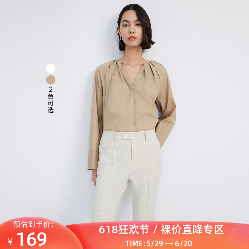 LILY2024春新款女装别致压褶时尚都市通勤气质优雅垂坠感长袖衬衫