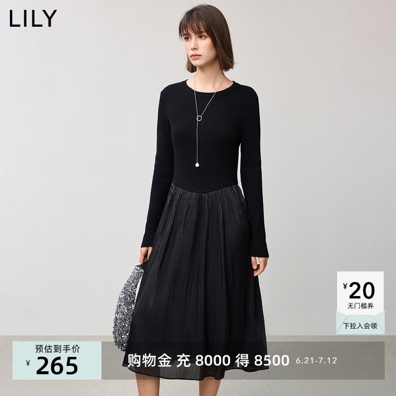 【小黑裙系列】LILY2025春新款女装含绵羊毛拼接收腰纱裙女连衣裙