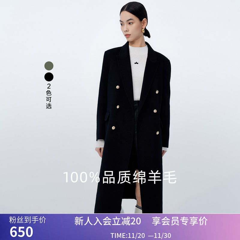 LILY冬新款女装全绵羊毛复古双排扣气质通勤长款毛呢外套大衣