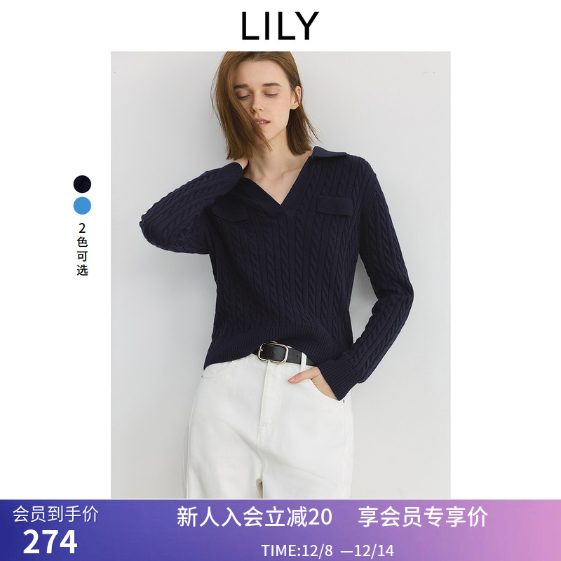 【商场同款】LILY2025秋新款羊毛混纺老钱POLO领修身针织衫毛衣女