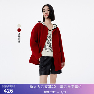 LILY春新款女装绵羊毛设计感绣花双面呢小个子呢子大衣外套女