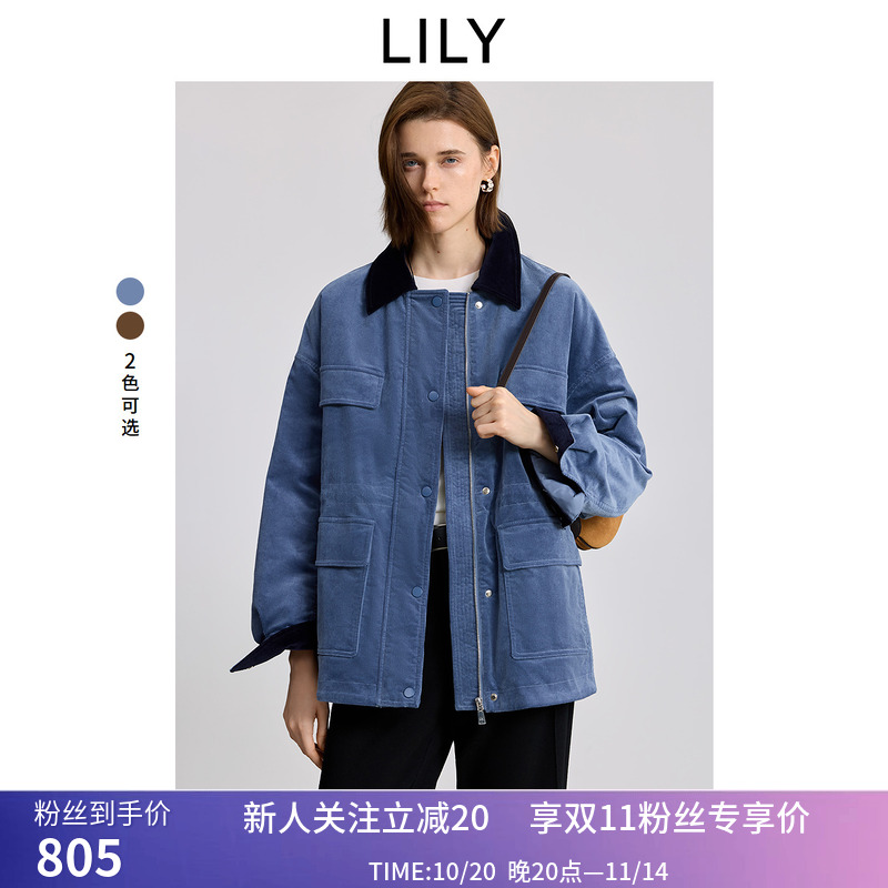 LILY2025冬新款女装灯芯绒收腰撞色工装气质通勤90鸭绒羽绒服外套