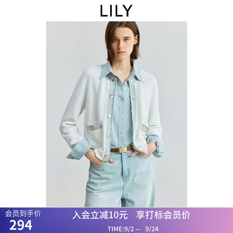 【商场同款】LILY秋新款女装拼接牛仔小香风白色针织开衫外套