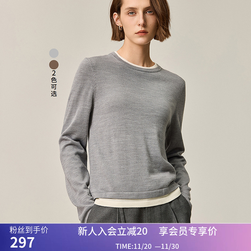 【商场同款】LILY秋新款女装绵羊毛混纺宽松假两件套头针织衫