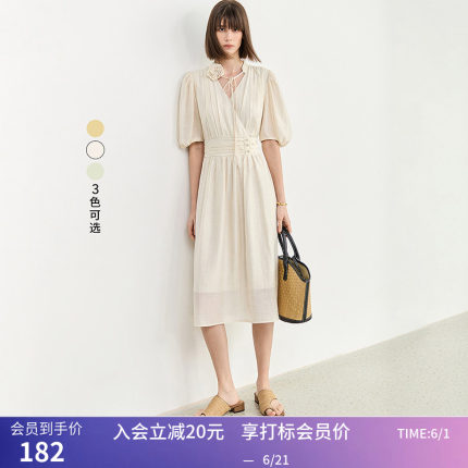 LILY夏新款女装含亚麻复古泡泡袖浪漫花卉气质温柔高腰连衣裙