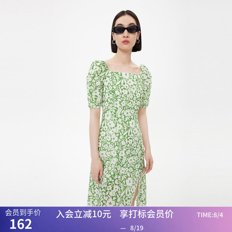 LILY夏新款女装浪漫碎花法式复古方领气质泡泡袖高腰连衣裙女