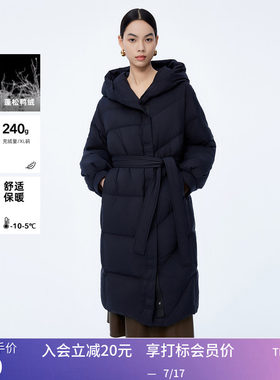 LILY冬新款女装保暖鸭绒时尚连帽通勤中长款黑色羽绒服外套女