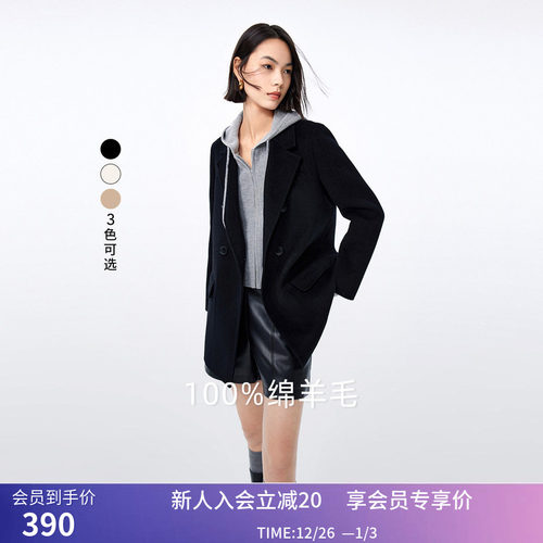 LILY冬新款女装全绵羊毛气质通勤款中长款毛呢外套大衣小个子