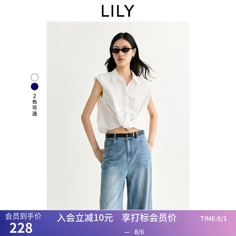 LILY2026夏新款简约翻领宽松休闲通勤纯色无袖坎肩雪纺衫女套头衫