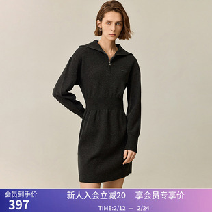 【商场同款】LILY冬新款女装时髦拉链翻领收腰显瘦连衣裙女款