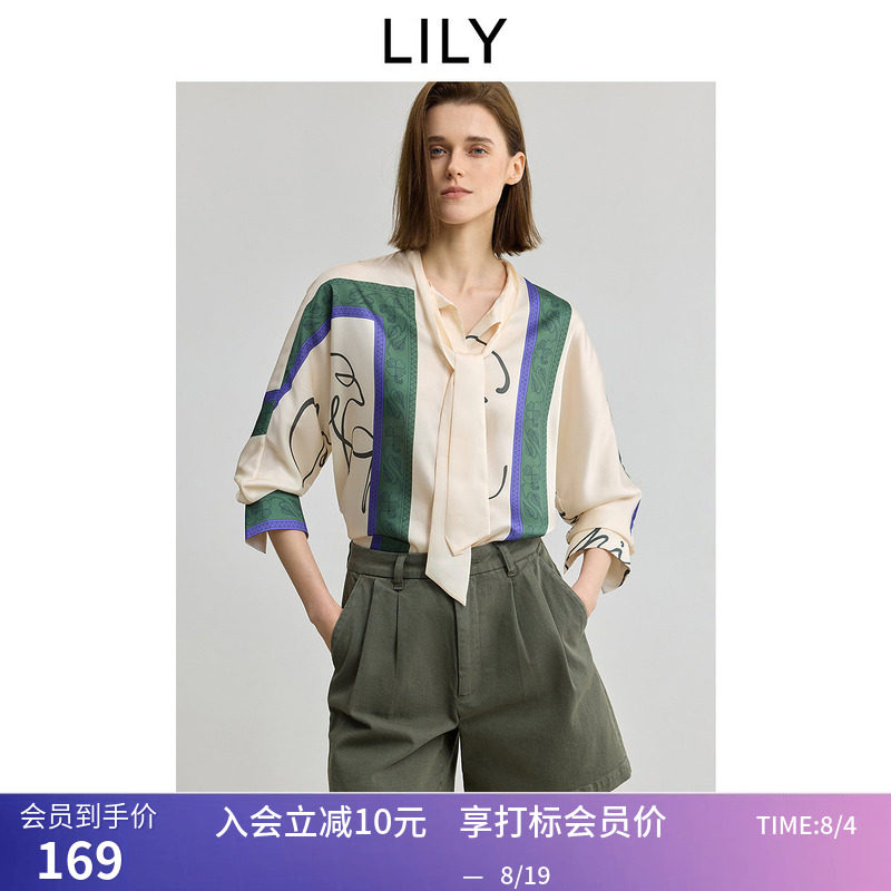【商场同款】LILY秋新款女装复古飘带领印花休闲长袖衬衫外套