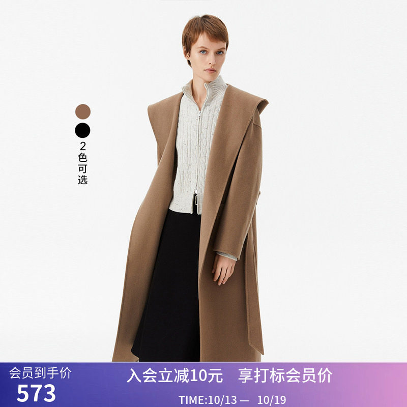 【商场同款】LILY冬新款女装全绵羊毛复古连帽长毛呢外套大衣