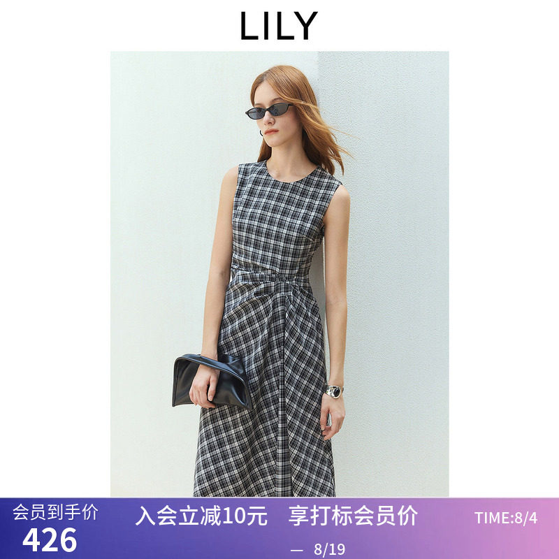 LILY2026夏新款女装复古设计感黑白格纹无袖圆领收腰背心连衣裙