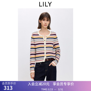 外套女 针织开衫 LILY2026春新款 纯棉撞色彩色条纹休闲圆领正肩长袖