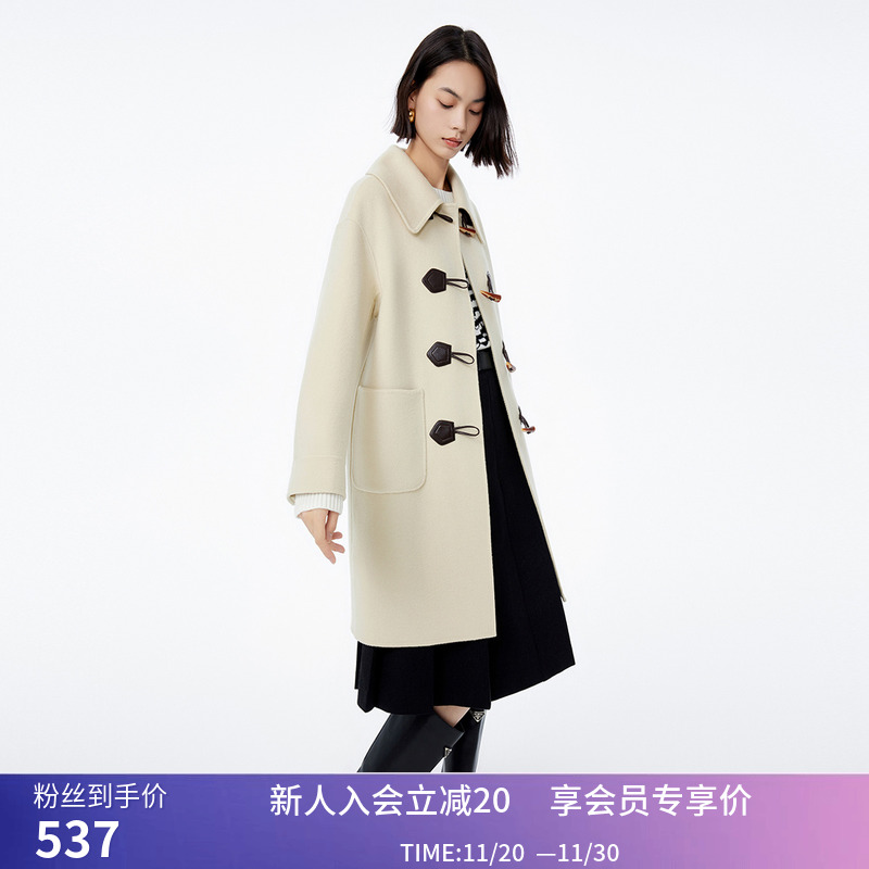 LILY冬新款女装100%绵羊毛复古减龄学院感牛角扣毛呢外套大衣