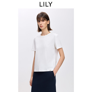 LILY2026春新款女装休闲百搭通勤圆领套头正肩奶白色短袖T恤内搭
