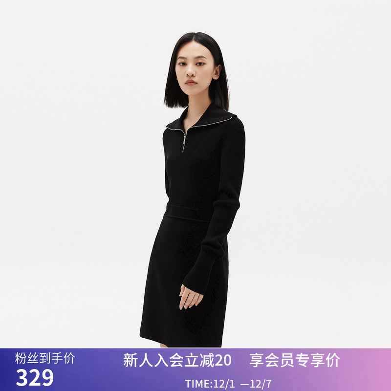【商场同款】LILY冬新款女装复古优雅通勤款针织连衣裙小黑裙