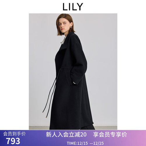 LILY2025冬新款女装羊毛桑蚕丝复古抽绳收腰通勤黑色毛呢大衣外套