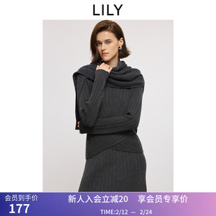 LILY2025冬新款女装含羊毛设计感收腰气质通勤套头圆领针织衫毛衣