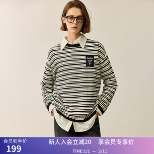 LILY冬新款女装学院风撞色细条纹百搭通勤圆领毛衣针织衫女款
