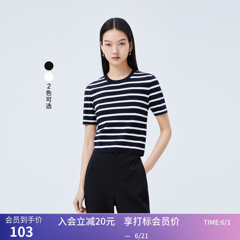 秒杀【商场同款】LILY夏新款女装简约复古条纹圆领短袖毛针织衫女