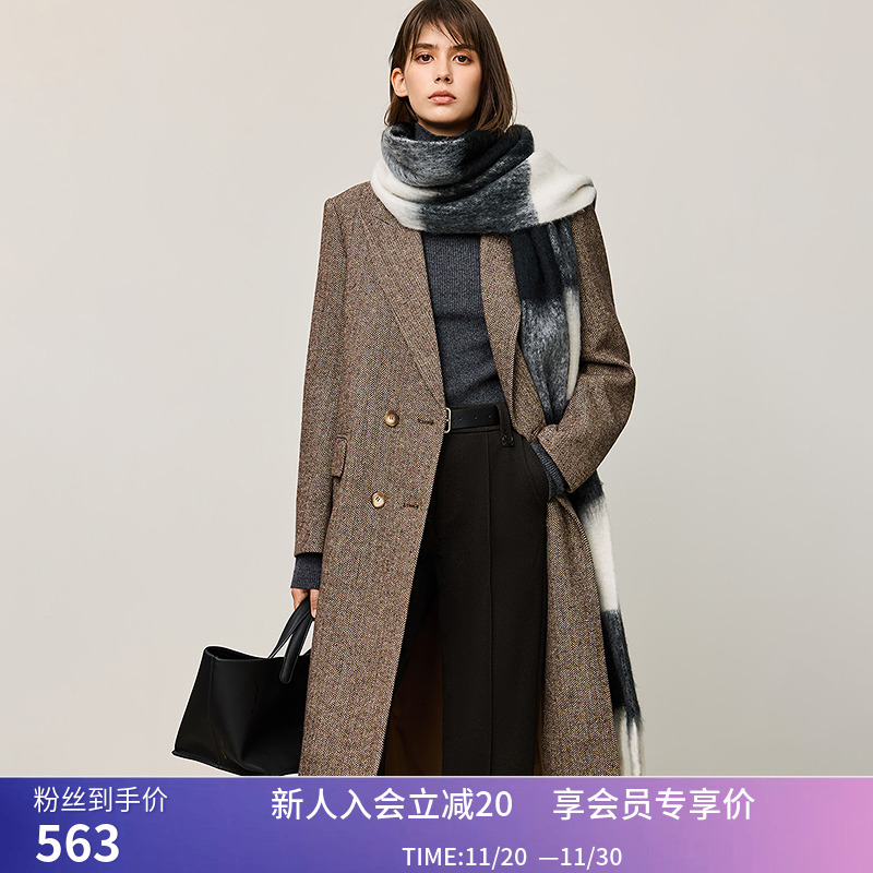 LILY冬新款女装经典高级气质宽肩通勤西装毛呢大衣外套中长款