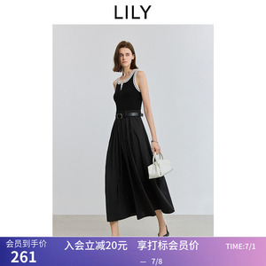小黑裙LILY夏新款经典黑白撞色针梭拼接收腰吊带裙连衣裙女