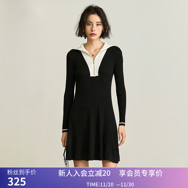 LILY春新款女装通勤设计感撞色复古拉链翻领针织连衣裙小个子