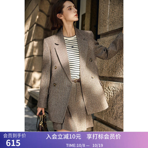 LILY秋新款女装人字纹肌理感双排扣宽肩廓形套装通勤西装外套