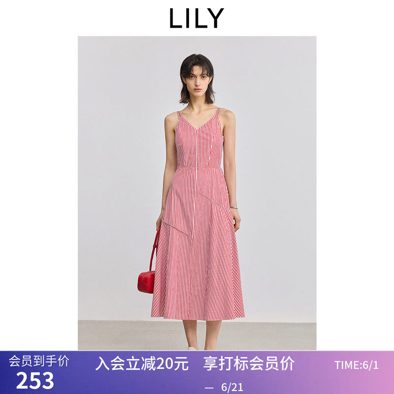 【商场同款】LILY夏新款全棉收腰V领百搭红色吊带裙连衣裙女