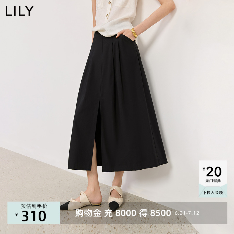 LILY2025夏新款复古流行宽松休闲百搭通勤A字裙黑色半身裙女长款