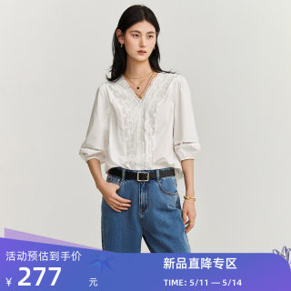 LILY2024夏新款女装舒适全棉气质温柔浪漫都市通勤套头雪纺衫衬衫