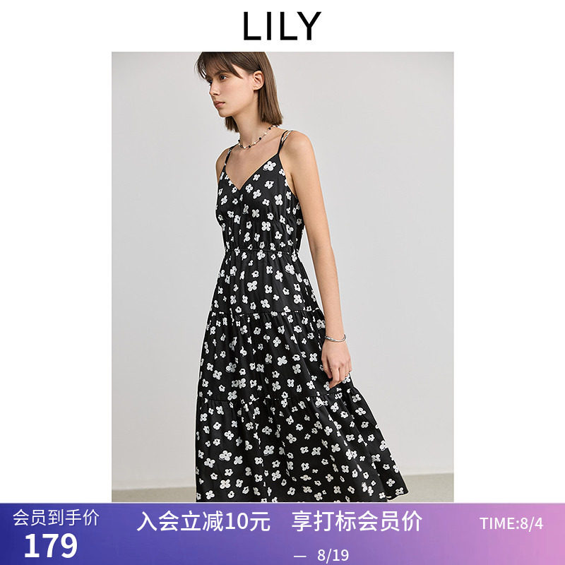 【幸运裙】LILY春新款女装撞色黑白碎花裙V领收腰吊带连衣裙